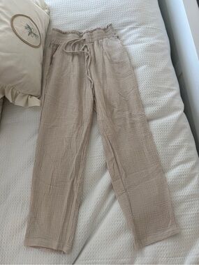 Light Beige Gauze waffle knit linen Drawstring  Pants